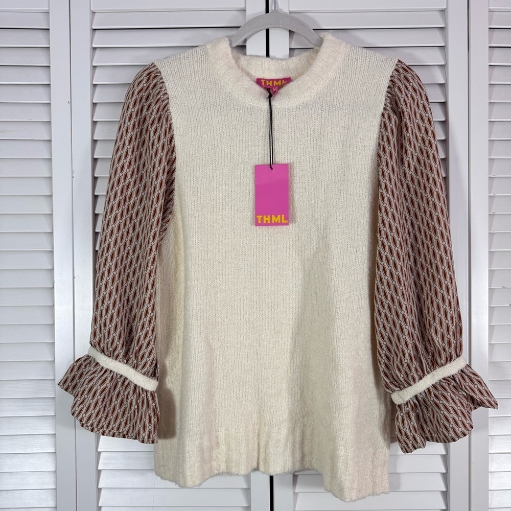 THML Sabrina Mixed Media Sweater Knit Chiffon Cream Size Small NWT - Picture 1 of 6